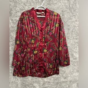 Vintage Victorias Secret Sleep Shirt Robe Medium Red Pink Silky Floral 80s Soft